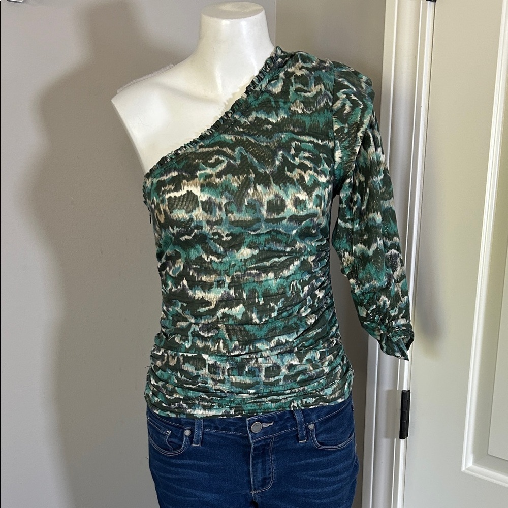 Maria Cher VILLAFRANCA LIA One Shoulder Top Green Black Cotton Shirt Sz S